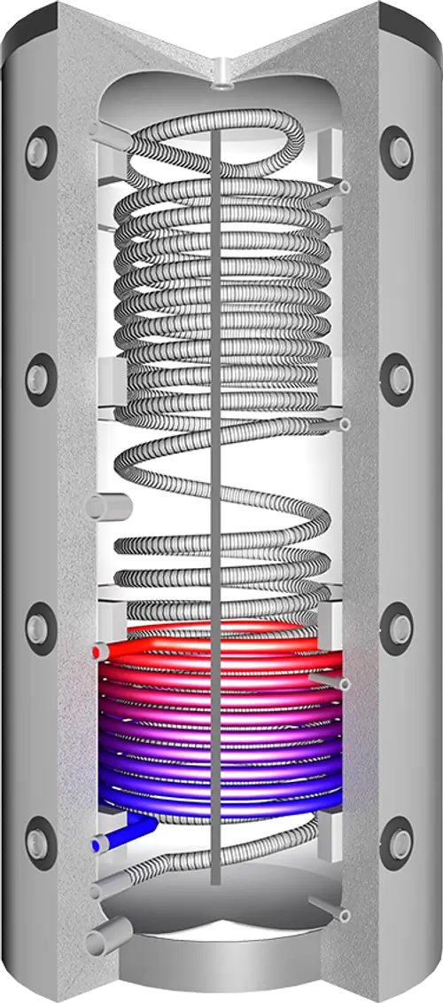 Hygienespeicher von Juratherm mit spiralförmigen Rohren, dargestellt in einem vertikalen, zylindrischen Design, zur Warmwasserbereitung und Speicherung.